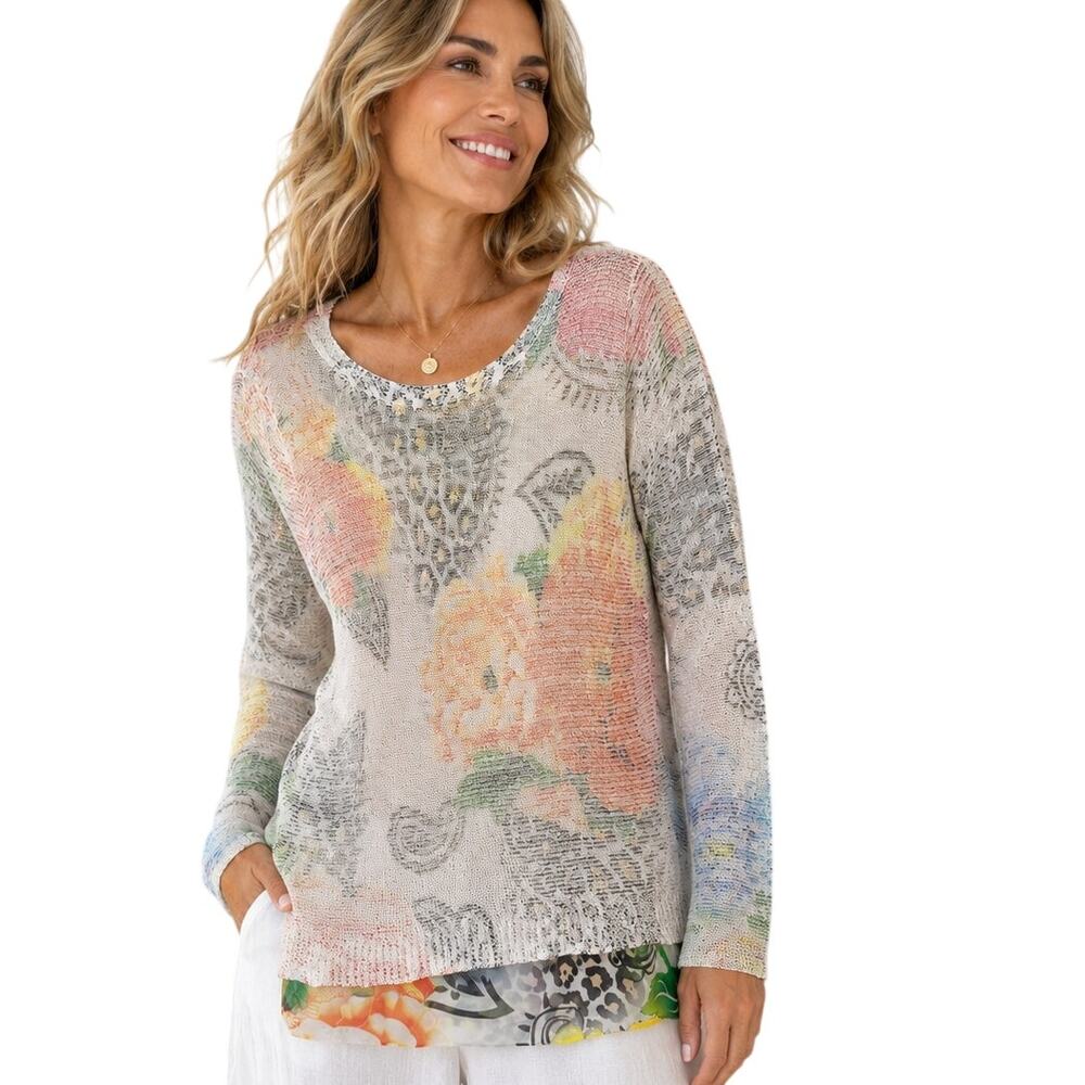 Sioni Floral Sweater Top Womens XL White Pastel Lightweight Knit Layered